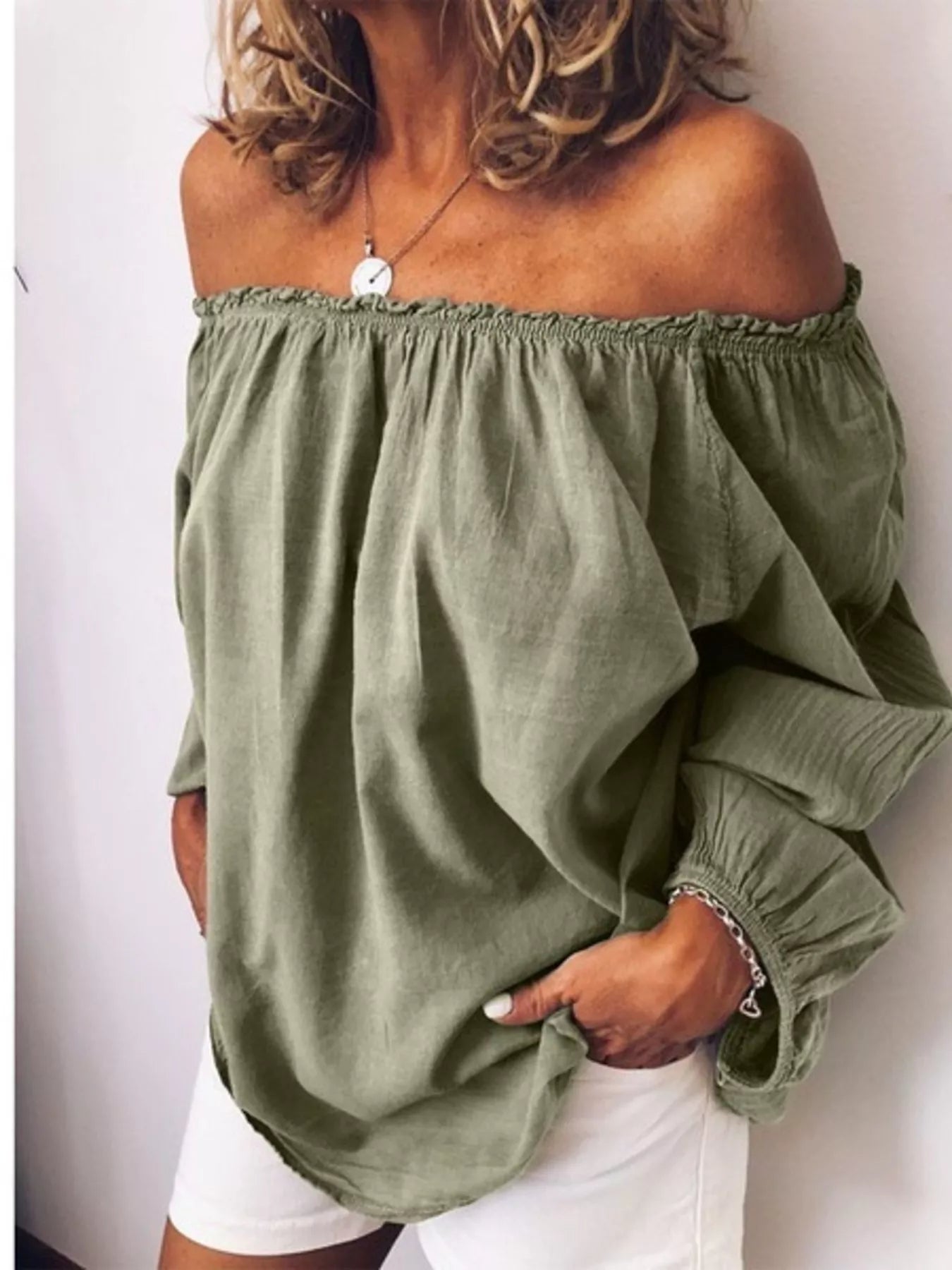 Off-Shoulder Frill Trim Blouse Trendsi Army Green S