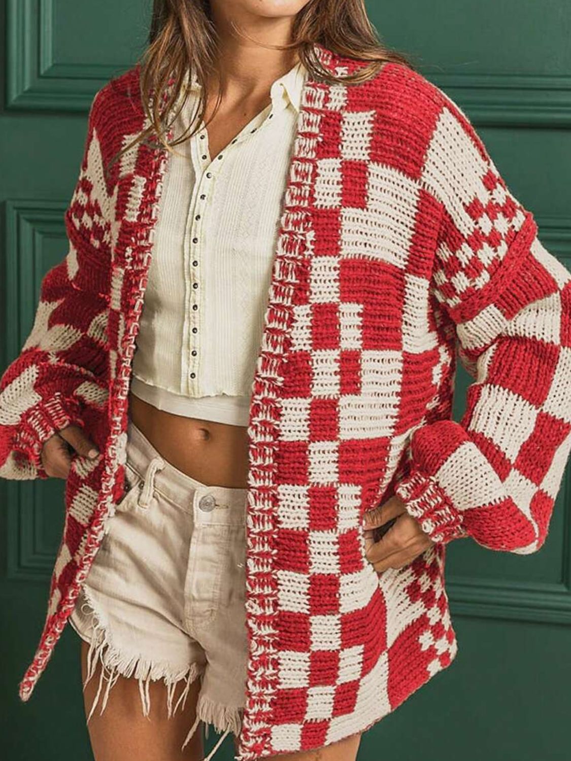 TEEK - Checkered Open Front Long Sleeve Cardigan SWEATER TEEK Trend