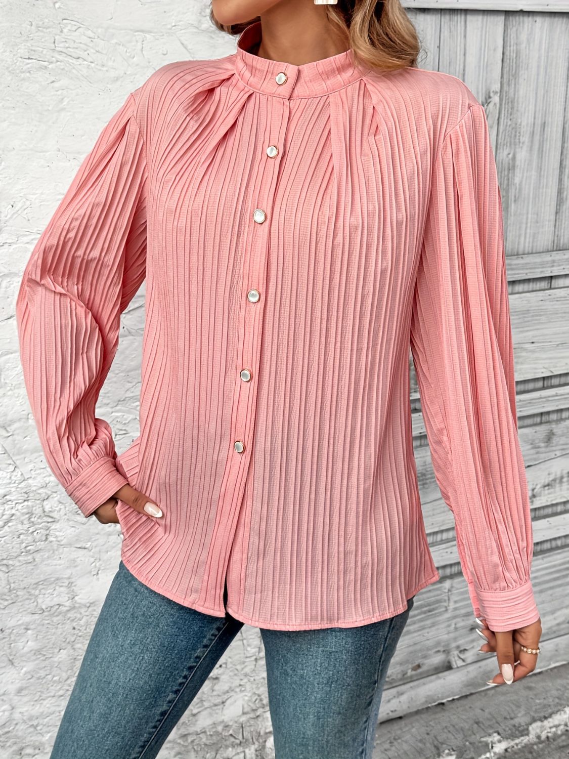 TEEK - Coral Button Down Mock Neck Long Sleeve Shirt TOPS TEEK Trend