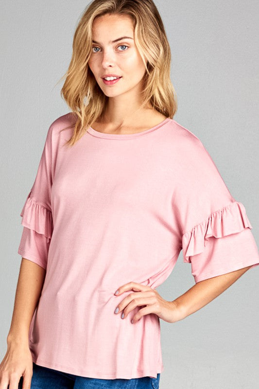 TEEK - PLUS SIZE SOLID RUFFLE SLEEVE TOP TOPS TEEK FG   