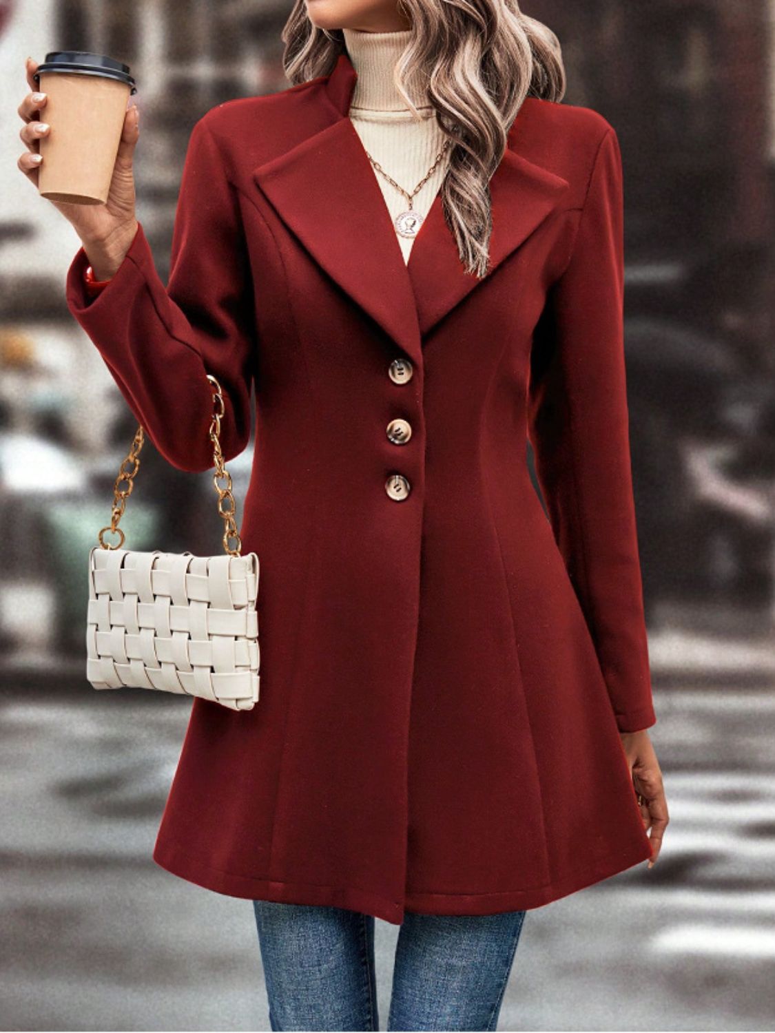 Collared Neck Button Up Long Sleeve Coat TEEK Trend Deep Red S