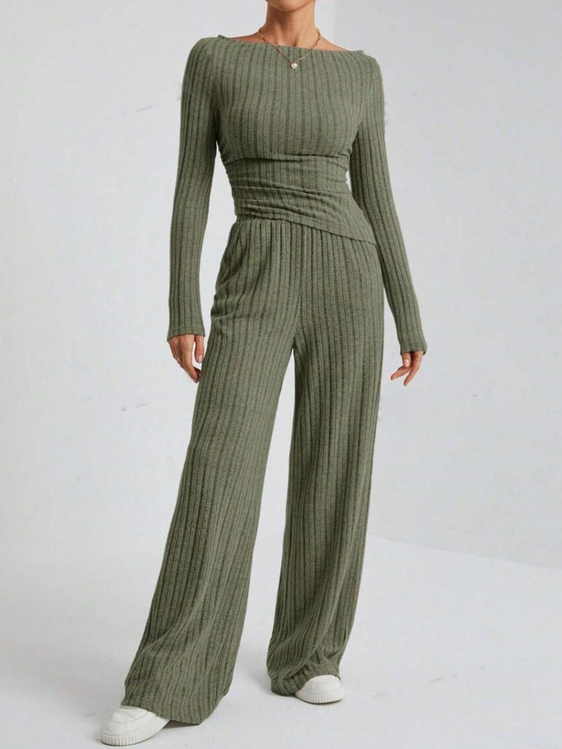 Ribbed Off-Shoulder Top and Pants Set TEEK Trend