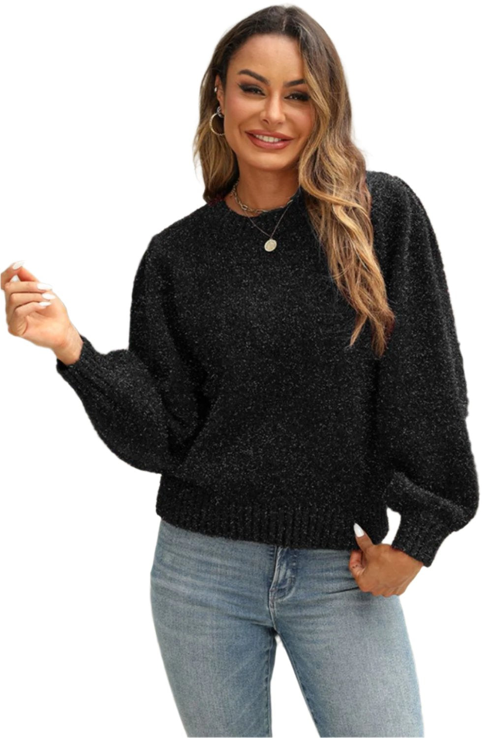 Tied Heathered Round Neck Long Sleeve Sweater TEEK Trend Black XS