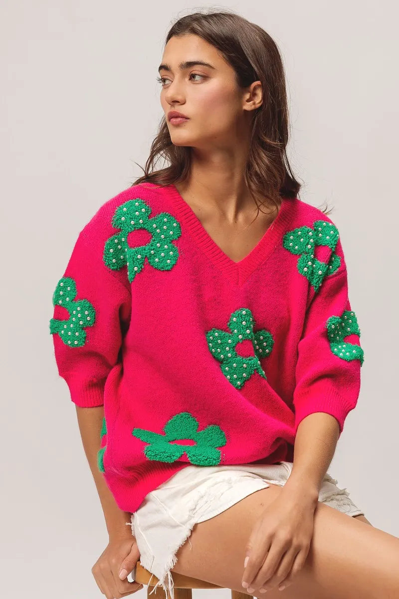 TEEK - Fuchsia Jade Pearl Beads Flowers Sweater Top TOPS TEEK Trend