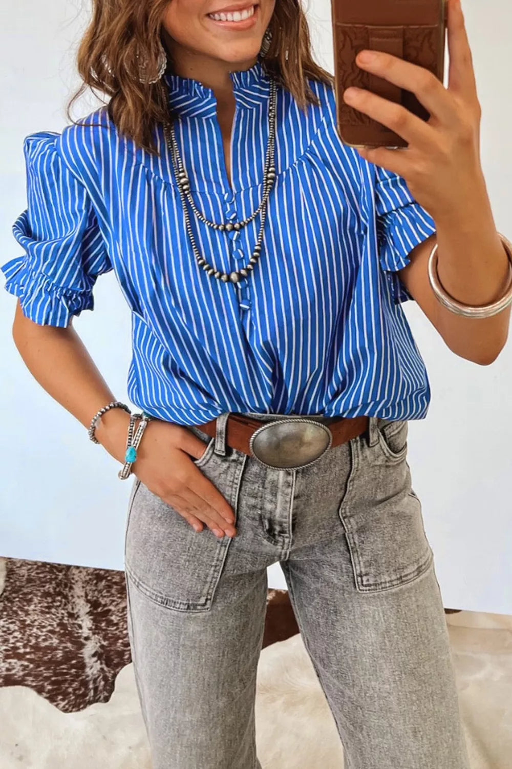 Stripe Ruffled Short Puff Sleeve Button Front Blouse Trendsi