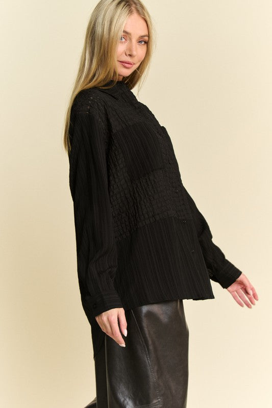 TEEK - Black Crinkled Jacquard Button Down Shirt TOPS TEEK Trend