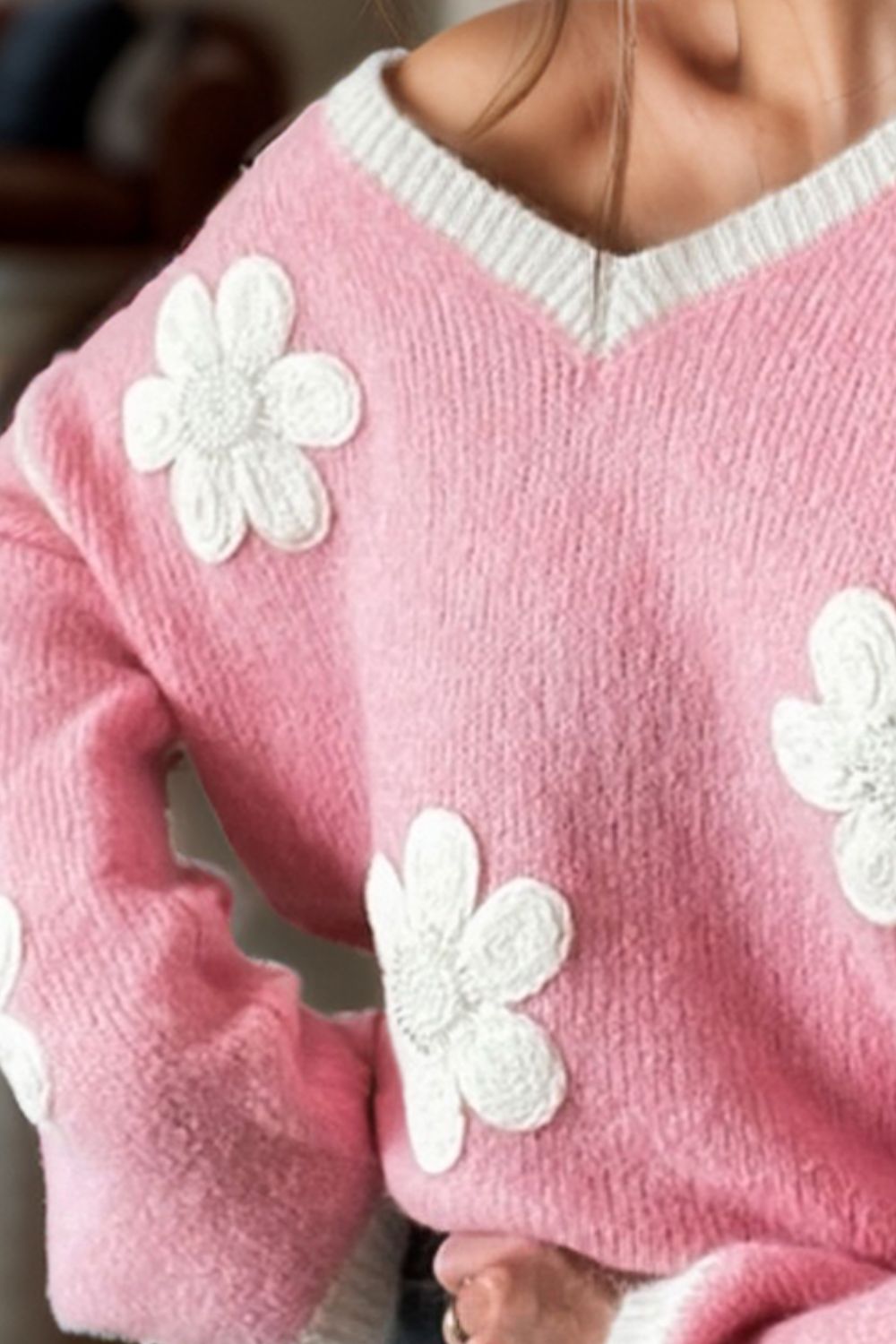 TEEK - Blush Pink Flower V-Neck Dropped Shoulder Sweater SWEATER TEEK Trend   