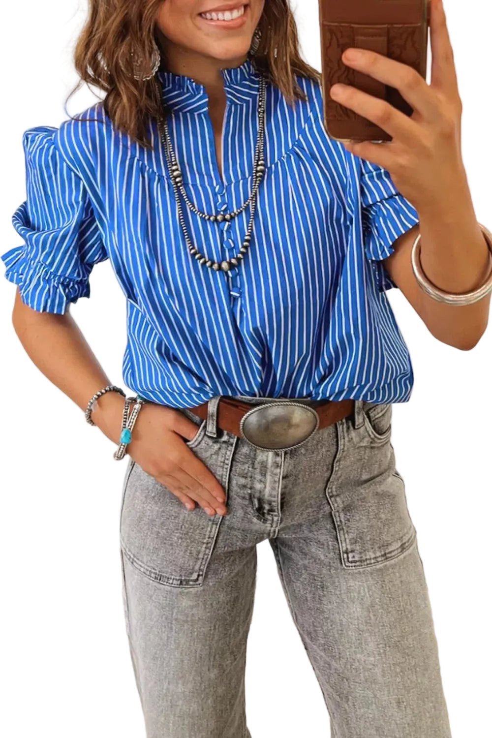 Stripe Ruffled Short Puff Sleeve Button Front Blouse Trendsi Royal Blue S