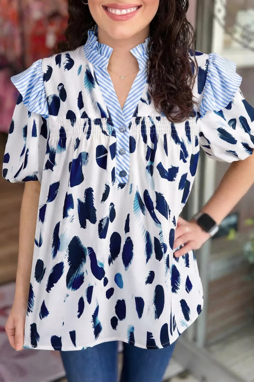 Abstract Animal Print Striped Ruffle Trim V Neck Blouse Trendsi