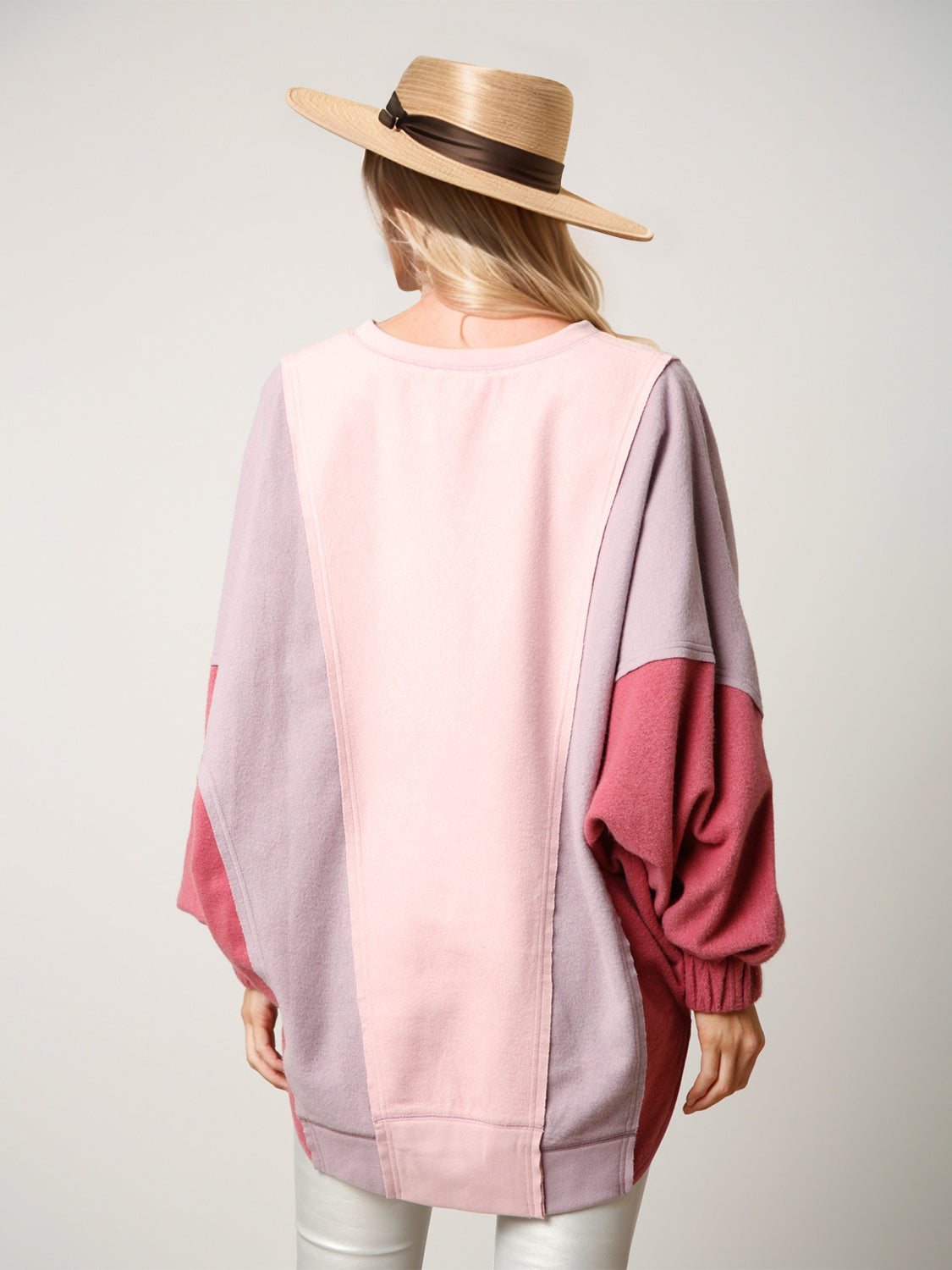 TEEK - High-Low Contrast Notched Long Sleeve Sweatshirt TOPS TEEK Trend