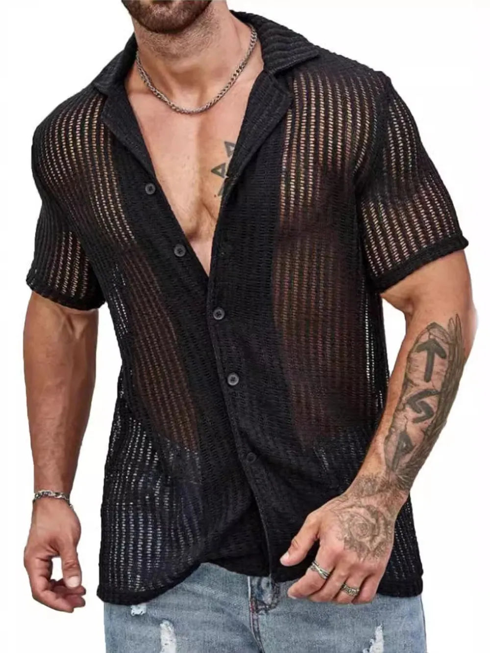 TEEK - Mens Openwork Buttoned Short Sleeve Shirt TOPS TEEK Trend Black S