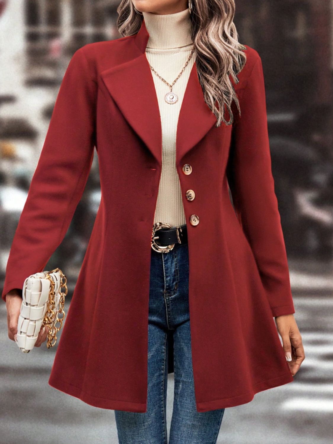 Collared Neck Button Up Long Sleeve Coat TEEK Trend