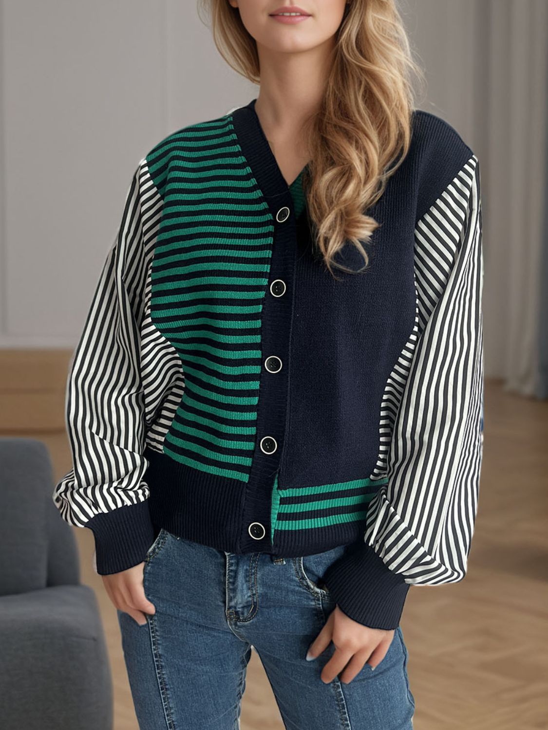 Striped Button Down Long Sleeve Cardigan TEEK Trend