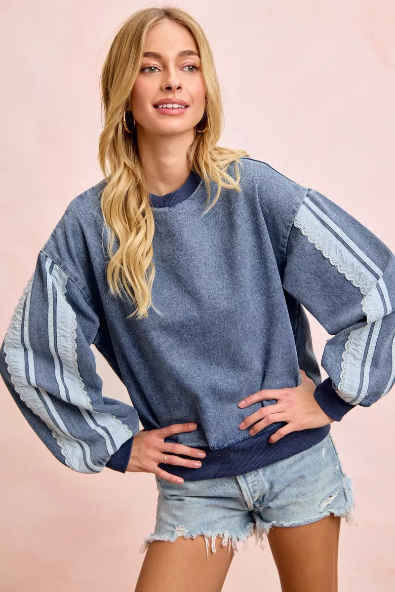 BiBi Washed Denim Lace Contrast Sided Sweatshirt Trendsi