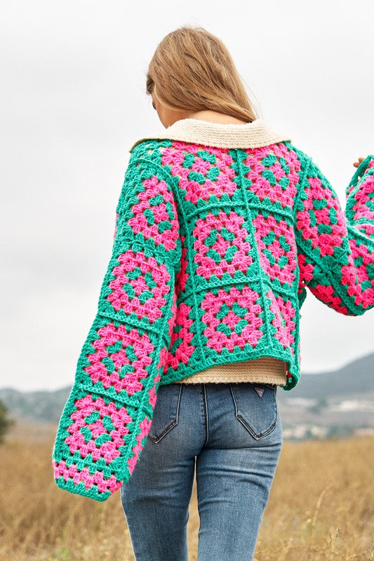 TEEK - Two-Tone Floral Square Crochet Cardigan SWEATER TEEK FG   