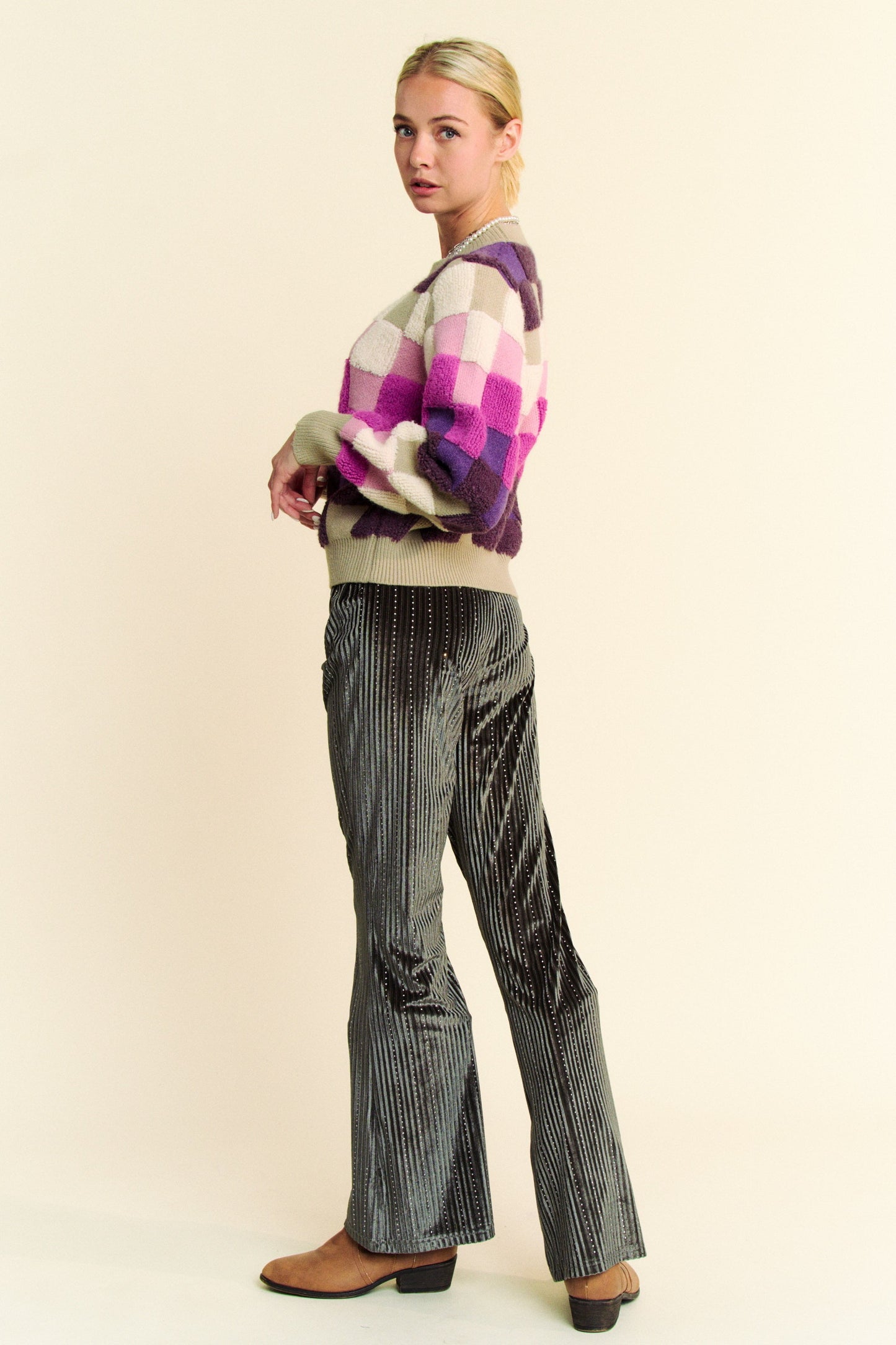 TEEK - Purple Multi Checkered Round Neck Long Sleeve Sweater TOPS TEEK Trend