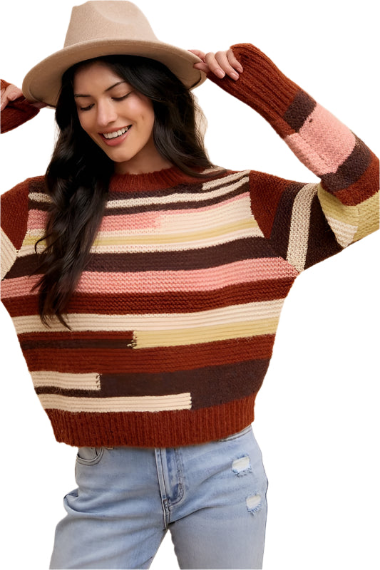 TEEK - Checkmate Multicolor Block Round Neck Long Sleeve Sweater TOPS TEEK Trend S