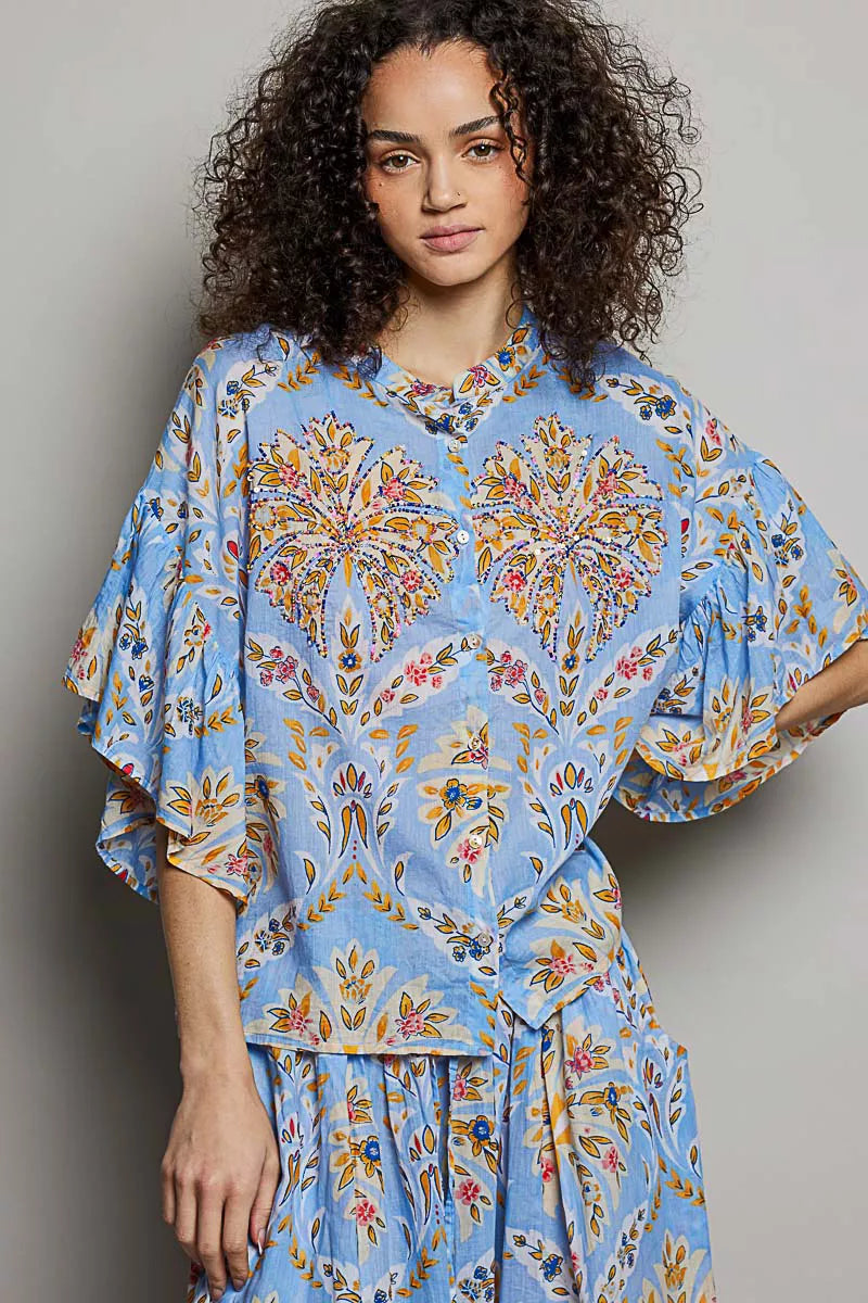 TEEK - Floral Printed Woven Ruffle Sleeve Shirt TOPS TEEK Trend