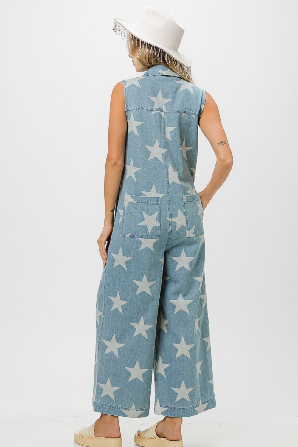 TEEK - Star Print Half Zip Sleeveless Denim Jumpsuit JUMPSUIT TEEK Trend   