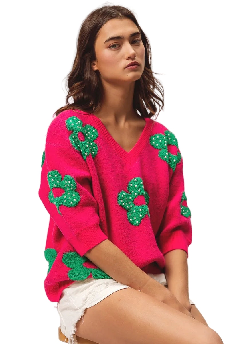 TEEK - Fuchsia Jade Pearl Beads Flowers Sweater Top TOPS TEEK Trend S