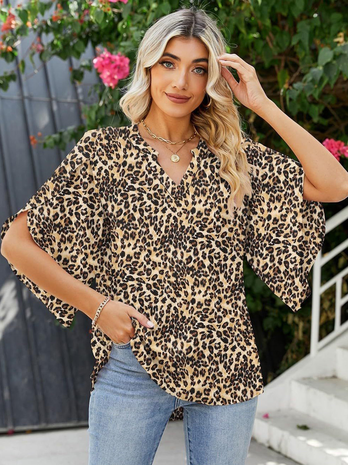 TEEK - Printed Notched Widened Half Sleeve Blouse TOPS TEEK Trend   