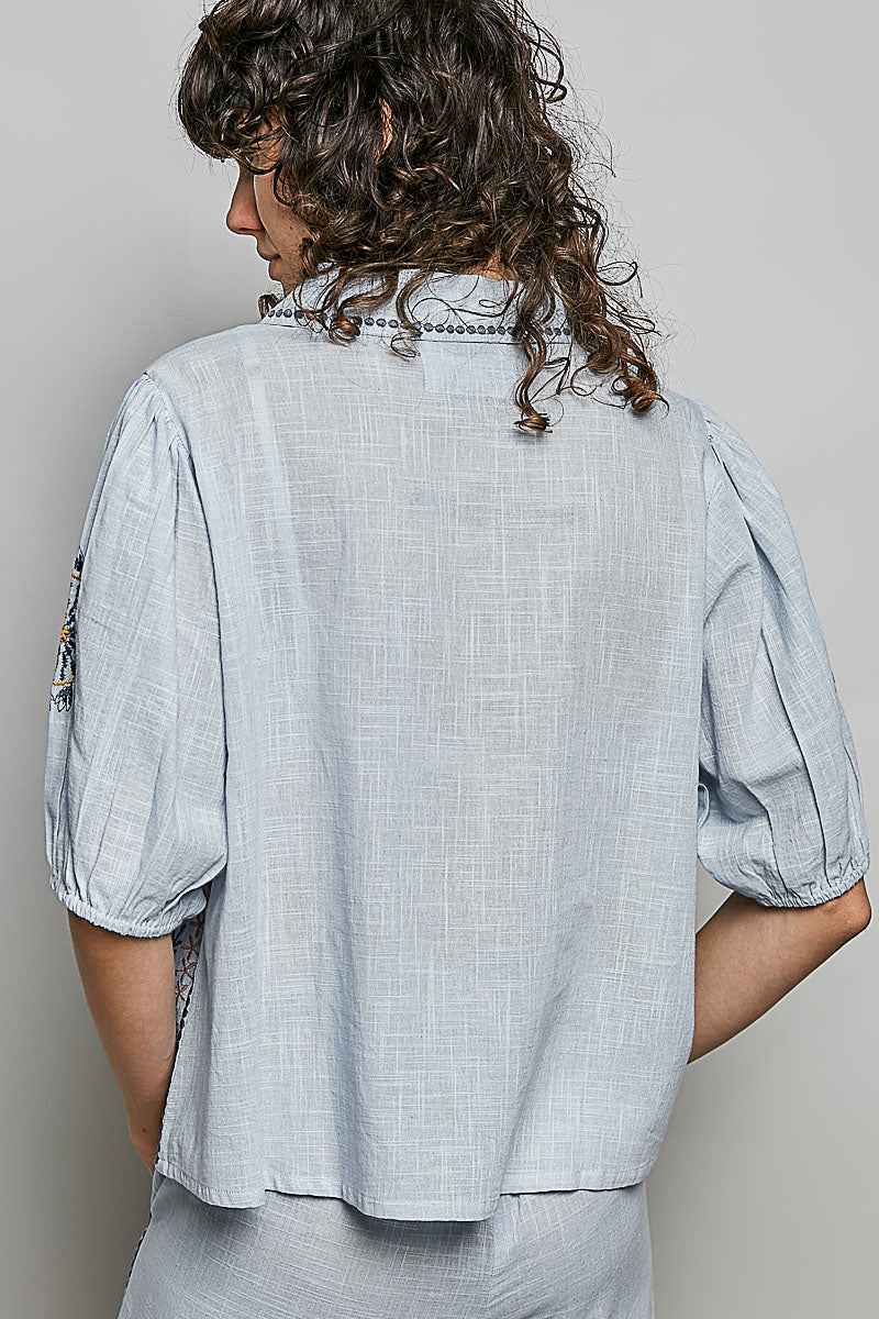 POL Button Down Embroidered Floral Short Sleeve Shirt Trendsi