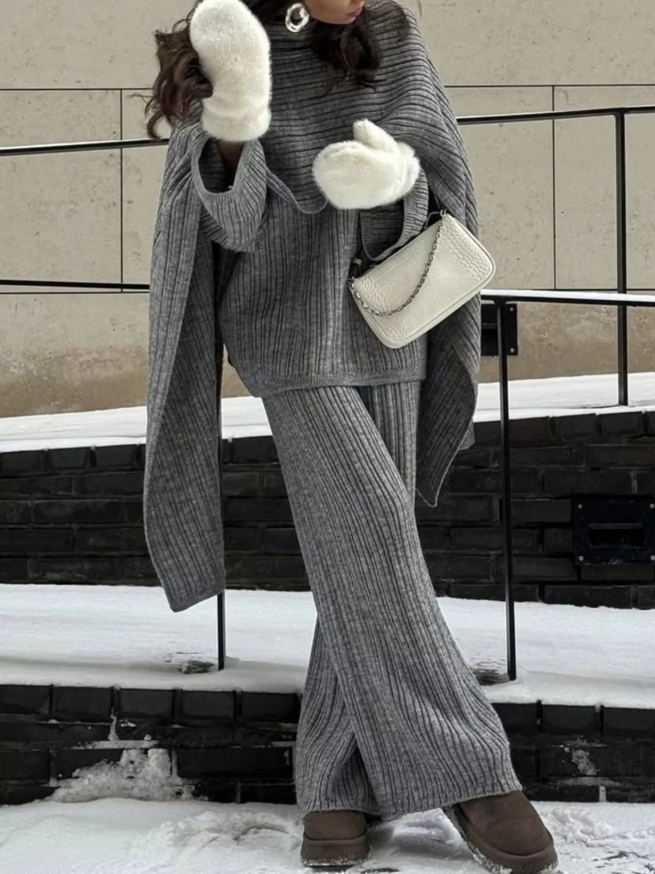 3-Piece Crew Neck Ribbed Sweater and Wide-Leg Pants Set with Scarf Trendsi