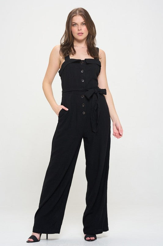 TEEK - PLUS SIZE SLEEVELESS ADJUSTABLE STRAP BUTTON JUMPSUIT JUMPSUIT TEEK FG BLACK 1X 