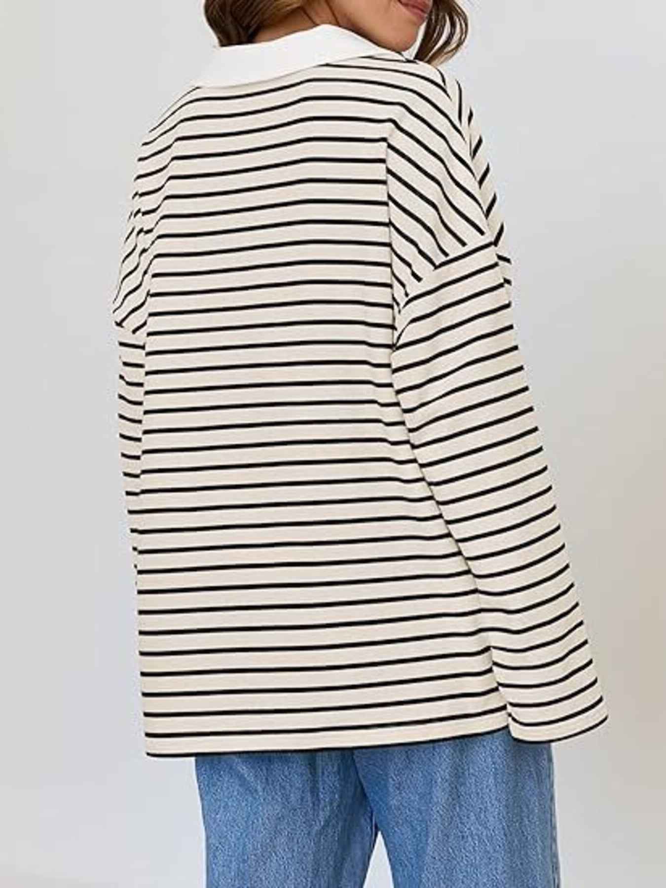Striped Contrast Collar Long Sleeve Top Trendsi