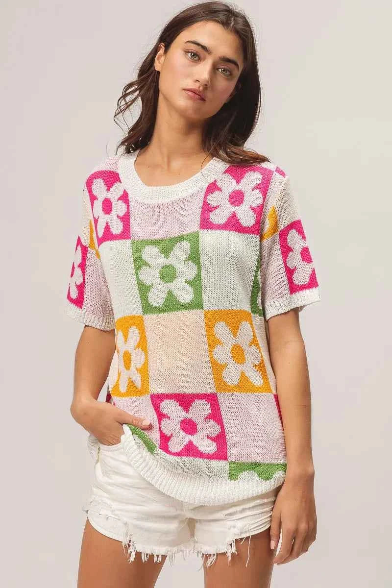 TEEK - Flower Checker Pattern Lightweight Sweater Top TOPS TEEK Trend