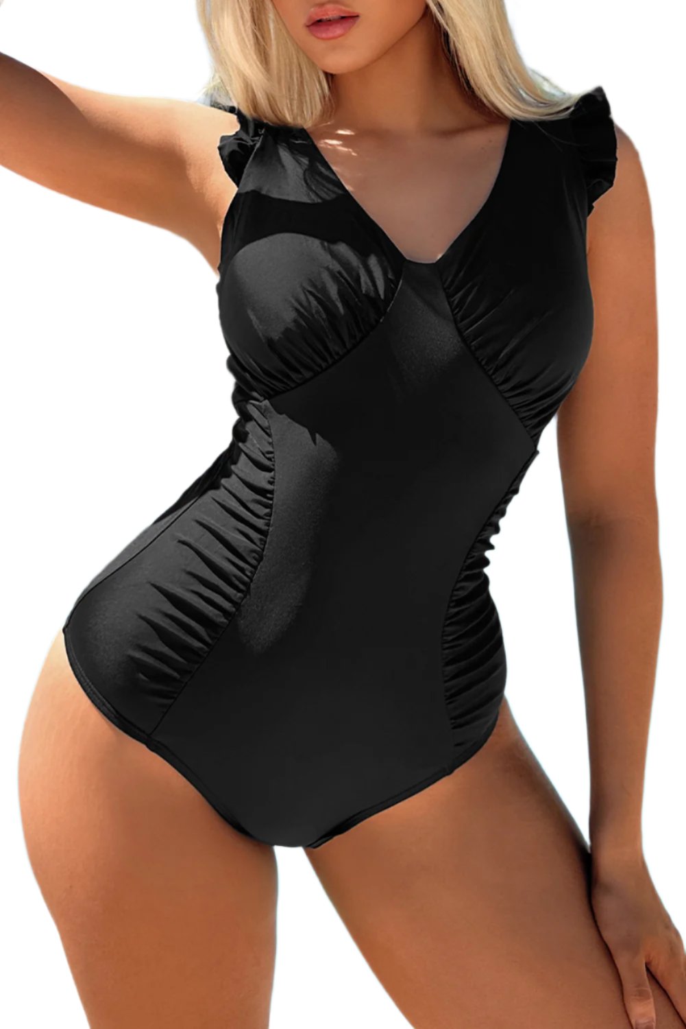 TEEK - Black Ruched V-Neck One-Piece Swimsuit SWIMWEAR TEEK Trend S  