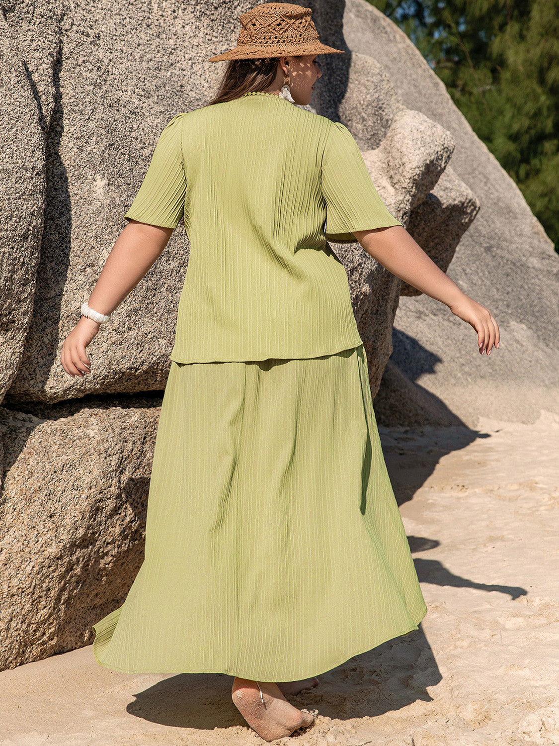 TEEK - Plus Size Yellow-Green V-Neck Half Sleeve Top Skirt Set SET TEEK Trend   