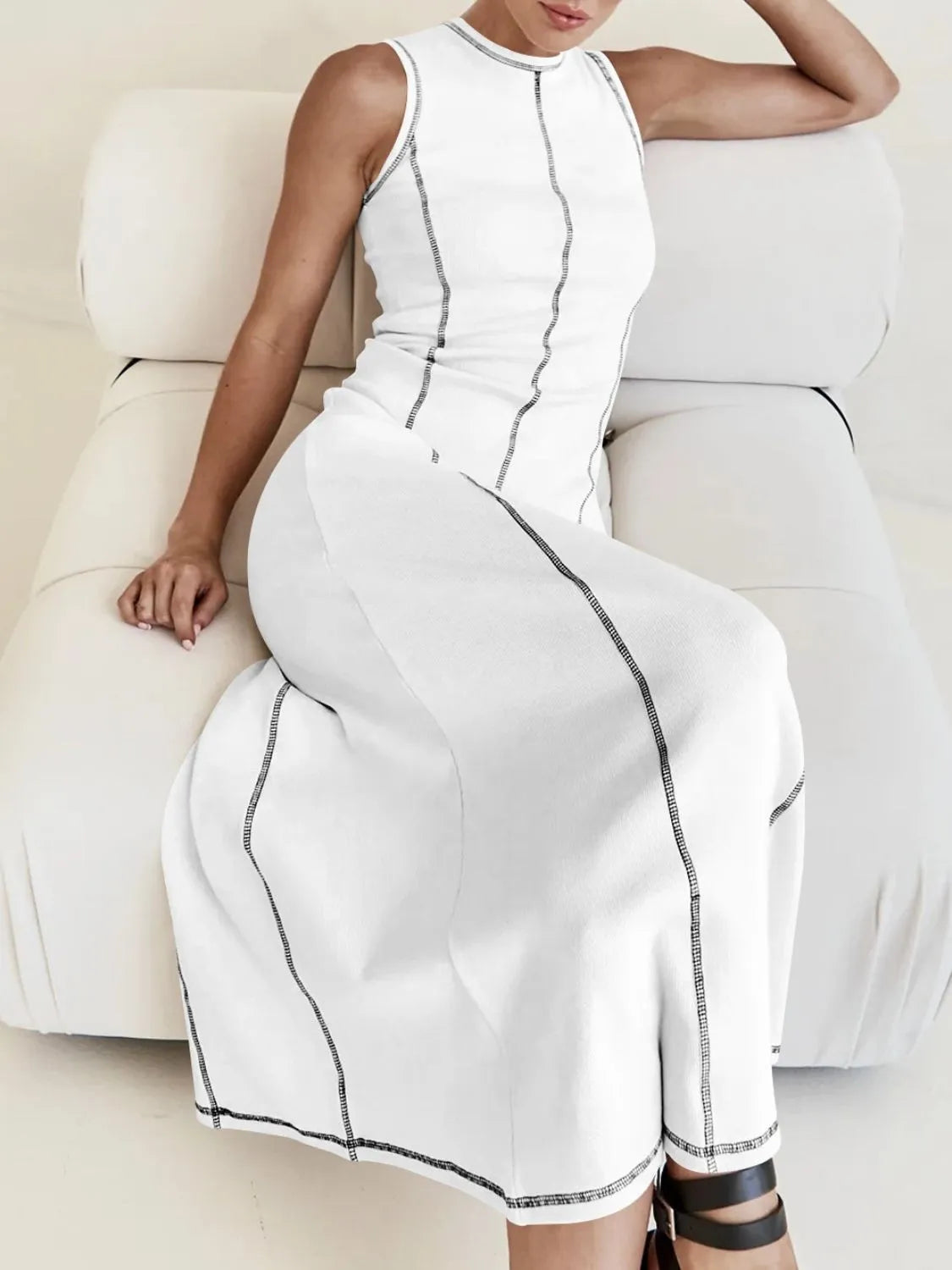 TEEK - Contrast Stitching Round Neck Sleeveless Dress DRESS TEEK Trend