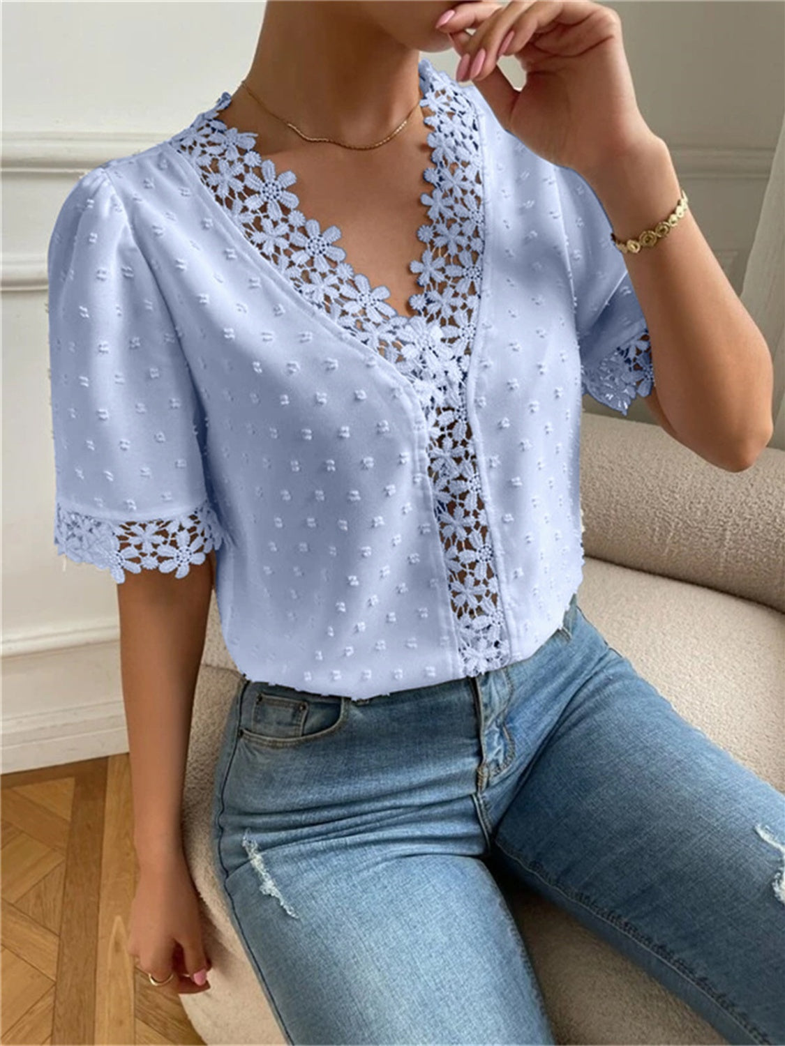 TEEK - Swiss Dot V-Neck Short Sleeve Blouse TOPS TEEK Trend   