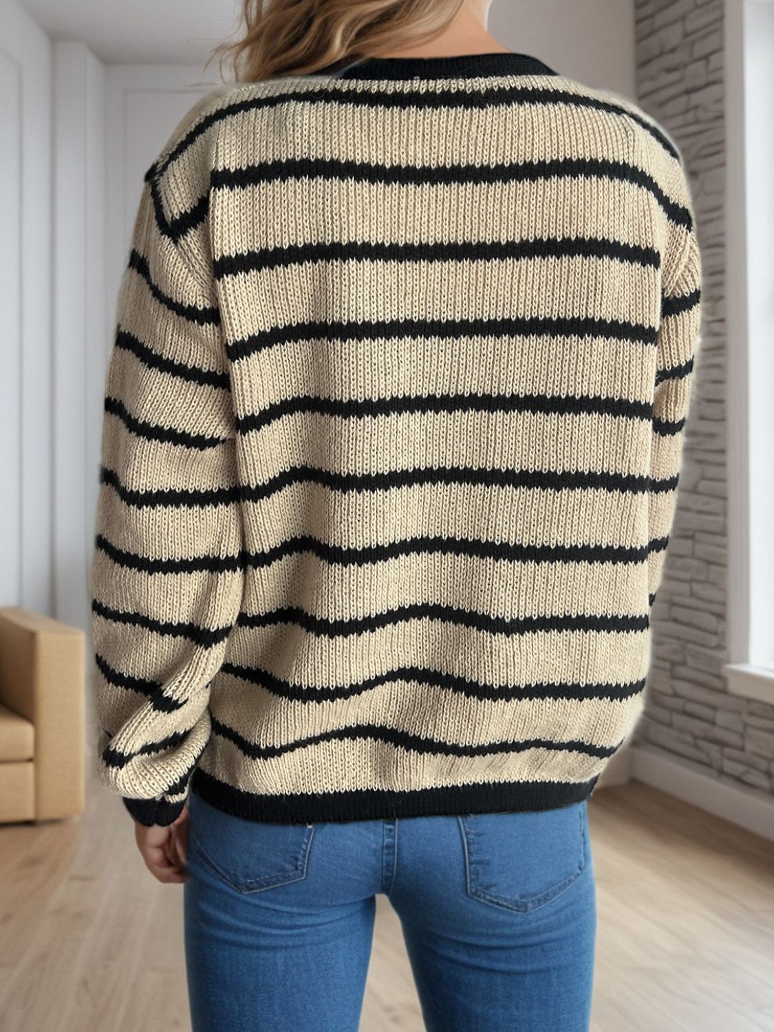 TEEK - Striped Round Neck Long Sleeve Cardigan TEEK Trend