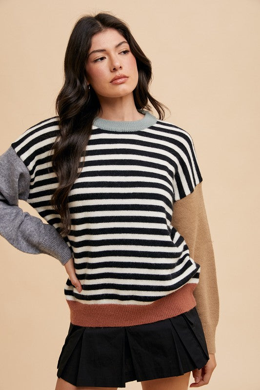 TEEK - Ivory Black Striped Color Block Sweater TOPS TEEK Trend