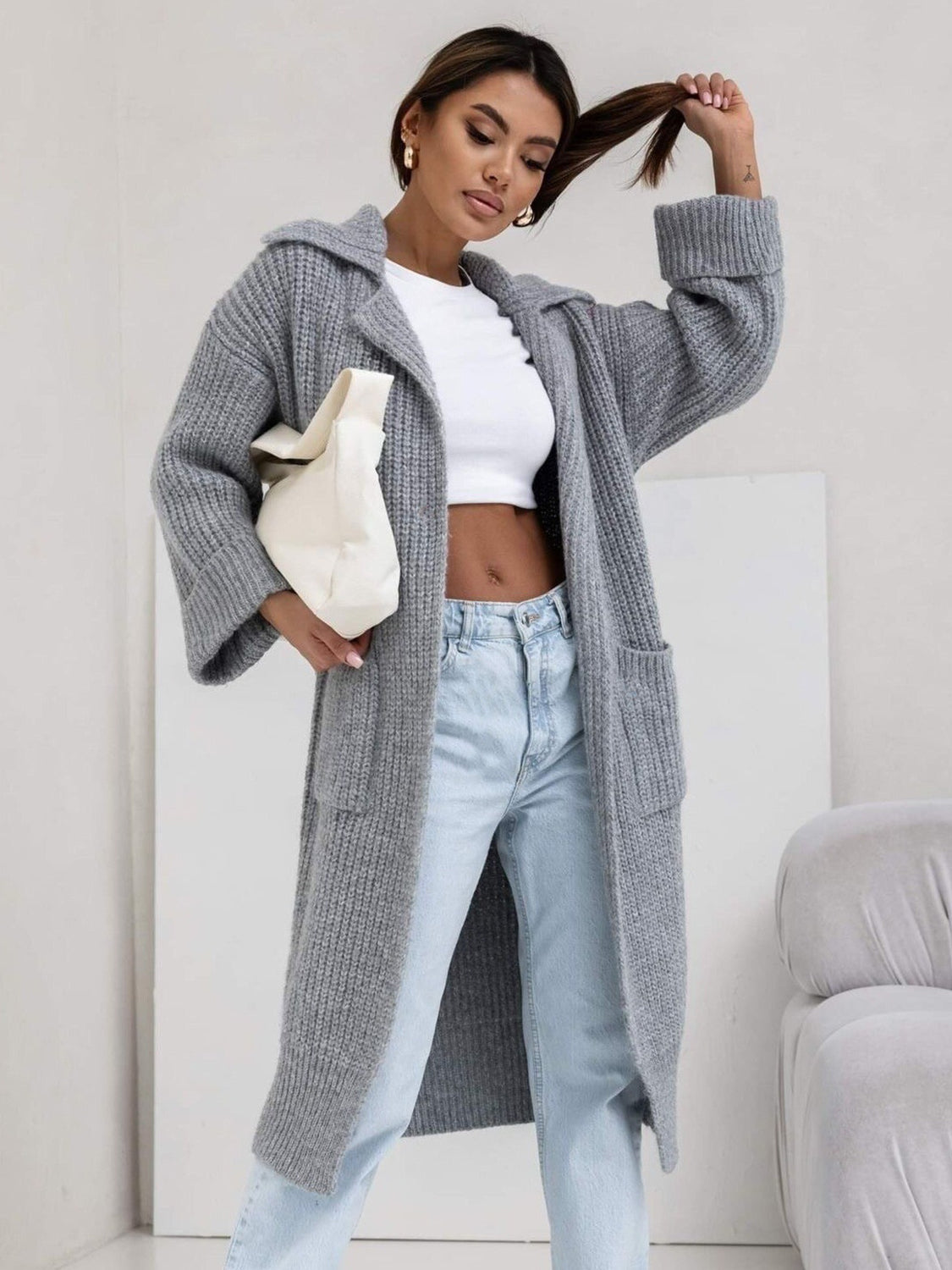 TEEK - Pocketed Collared Neck Dropped Shoulder Cardigan SWEATER TEEK Trend