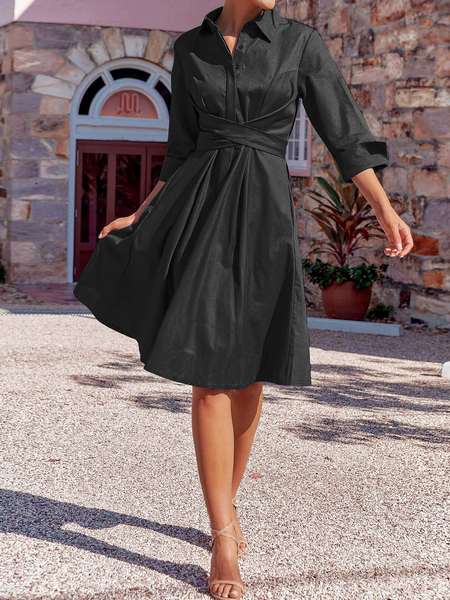 TEEK - Elegant Tie Pocketed Midi Dress Shirt A-line Dress DRESS TEEK W Black S 