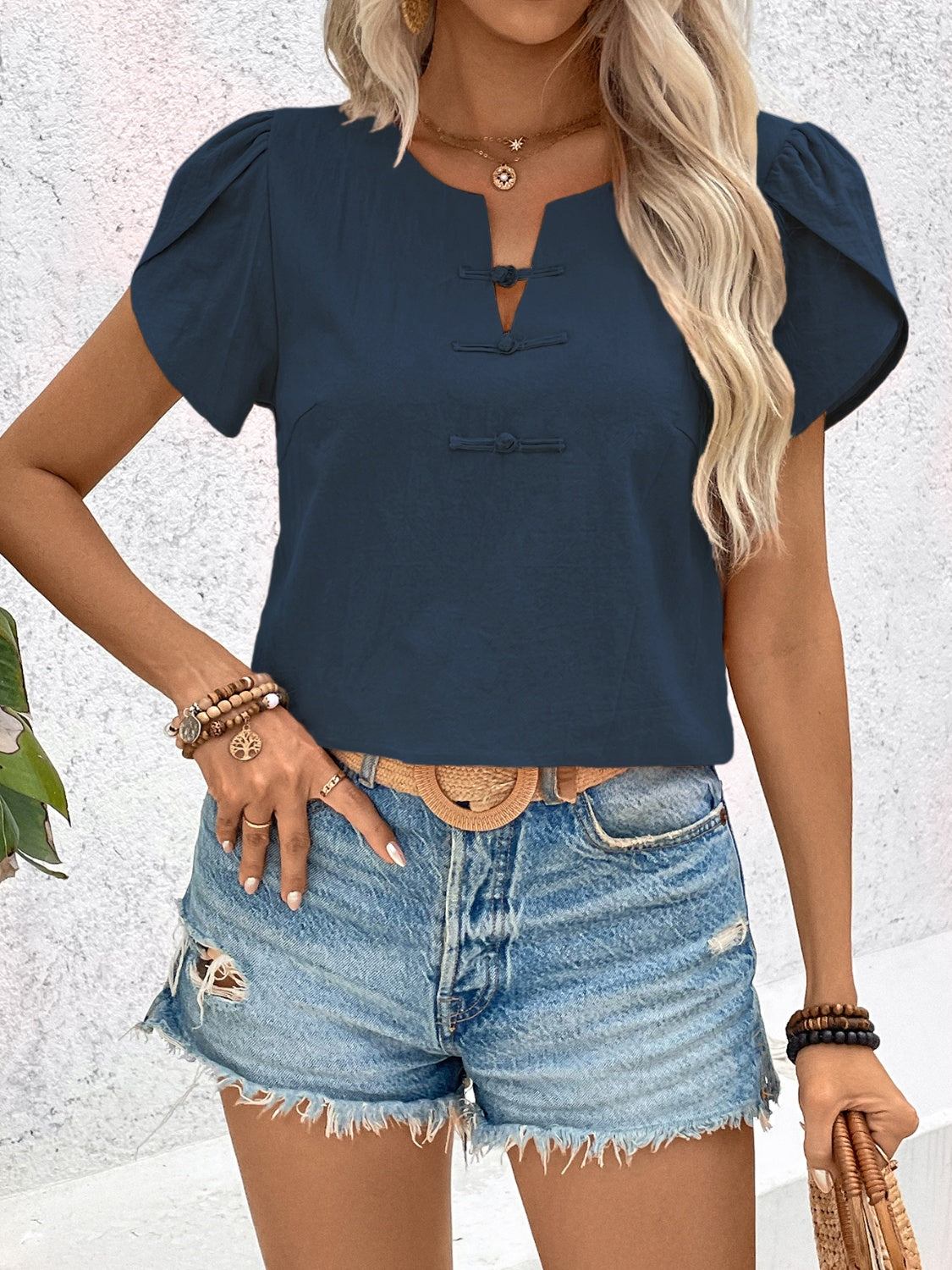 TEEK - Honey Notched Short Sleeve Blouse TOPS TEEK Trend   