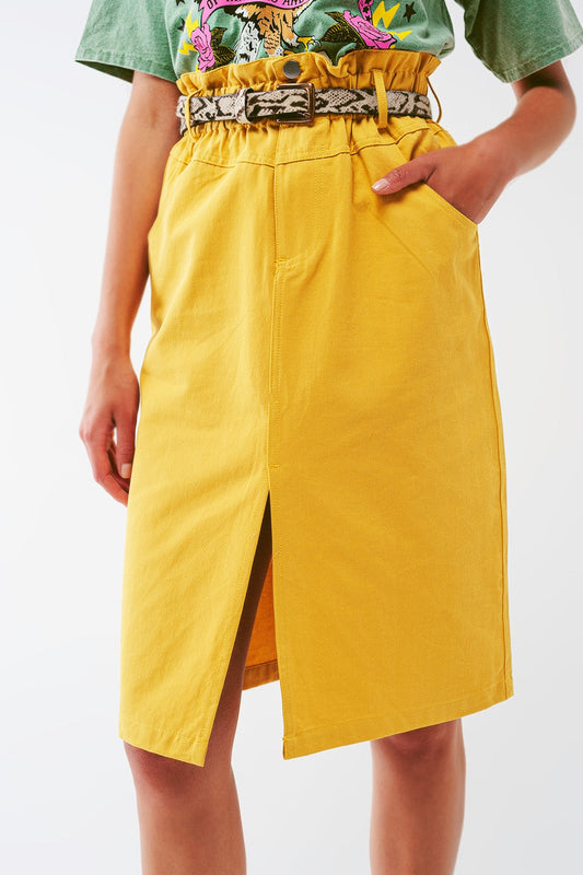 TEEK - Yellow Front Slit Paper Bag Waist Straight Skirt