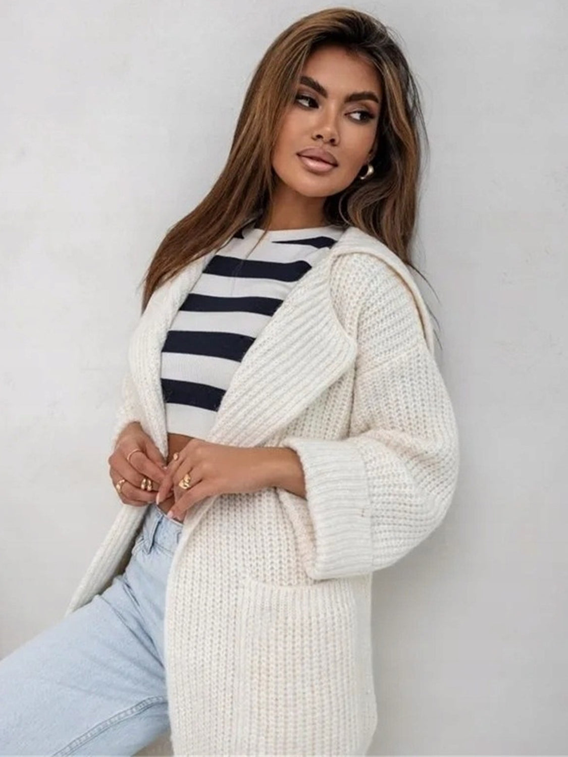 TEEK - Pocketed Collared Neck Dropped Shoulder Cardigan SWEATER TEEK Trend