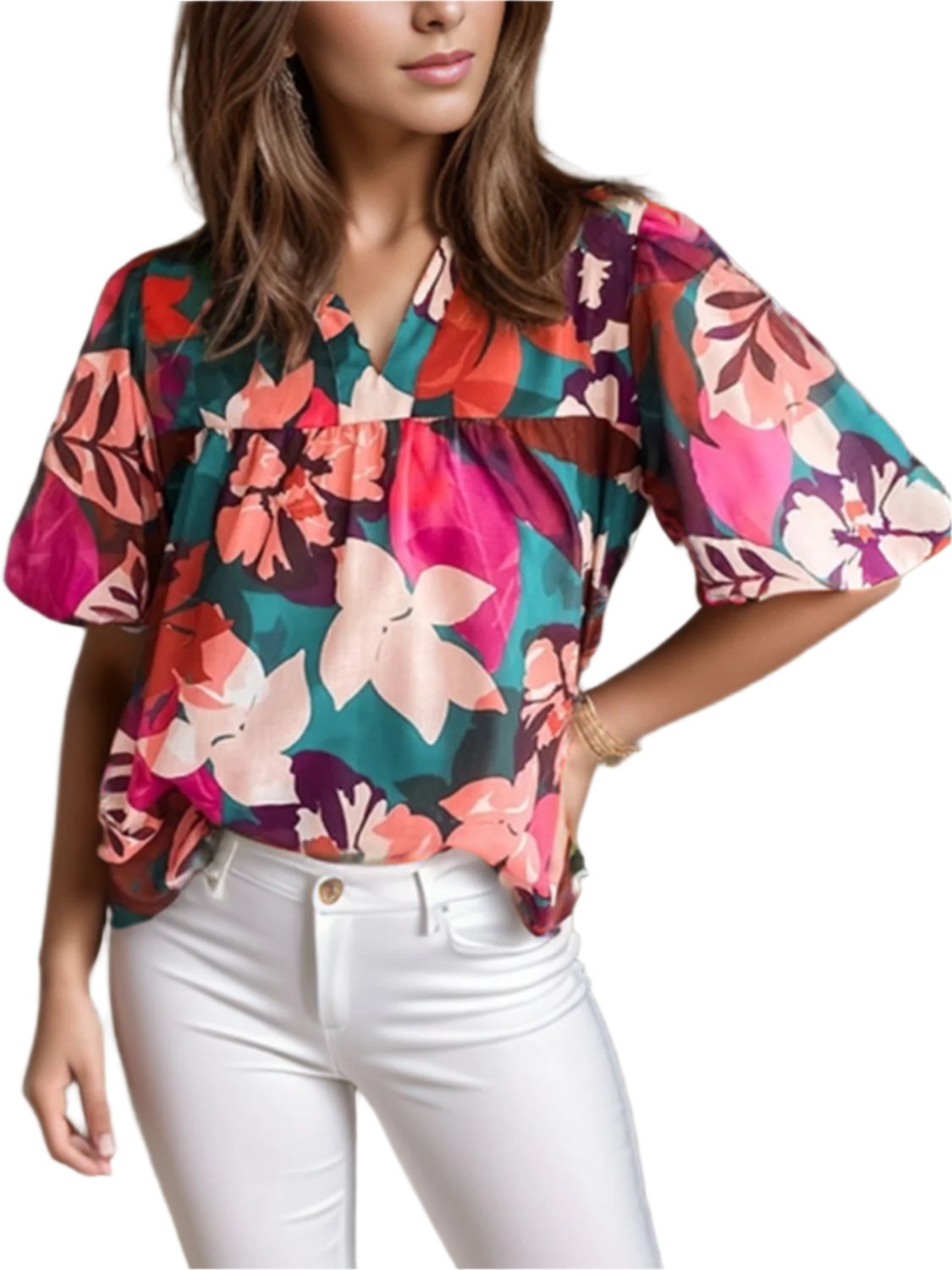 TEEK - Multicolor Notched Puff Sleeve Blouse TOPS TEEK Trend S  