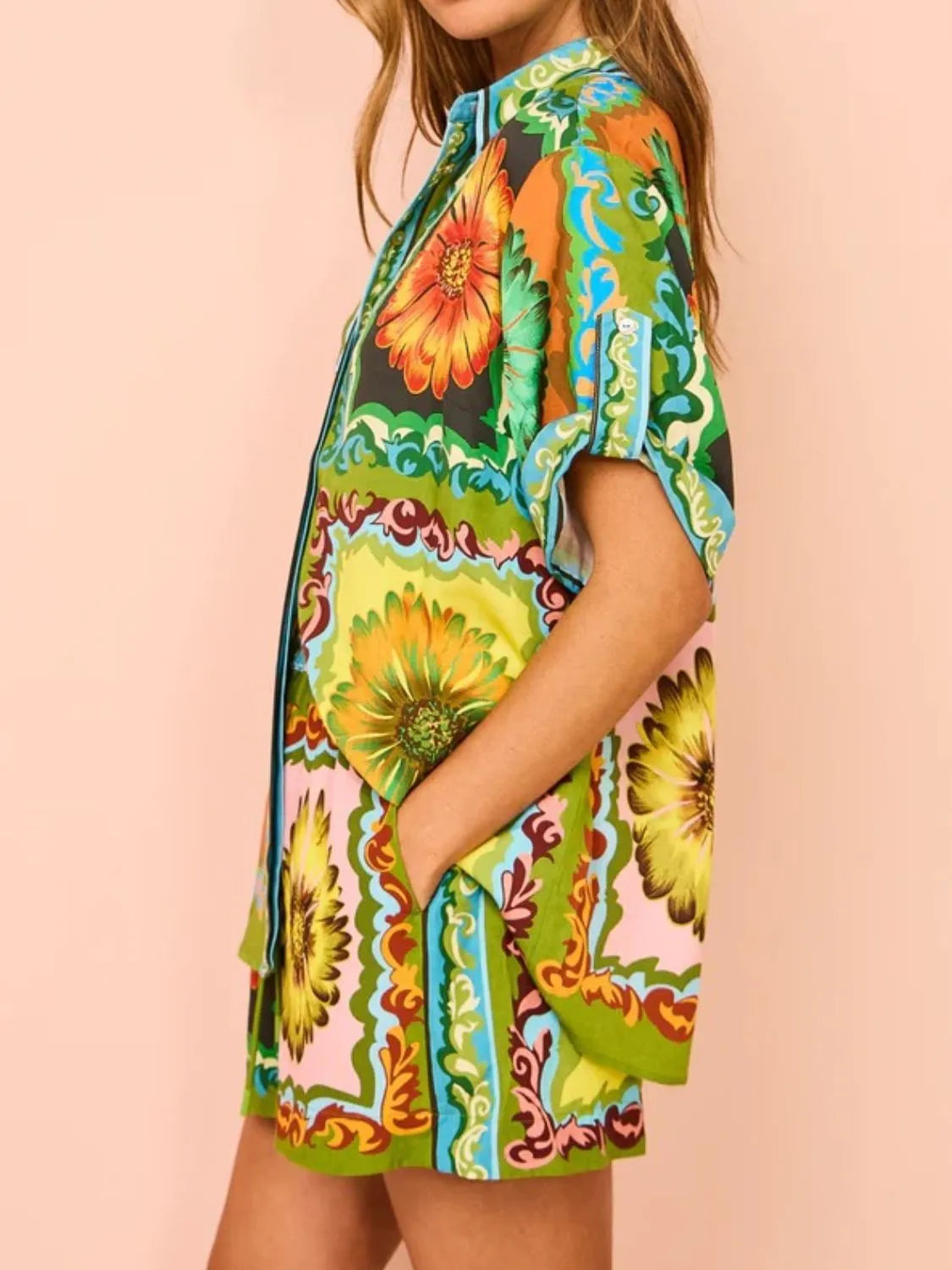 TEEK - Multicolor Printed Buttoned Top Drawstring Shorts Set SET TEEK Trend