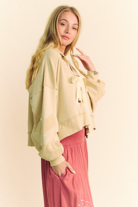 TEEK - Tan Lace Up Exposed Seam French Terry Top TOPS TEEK Trend