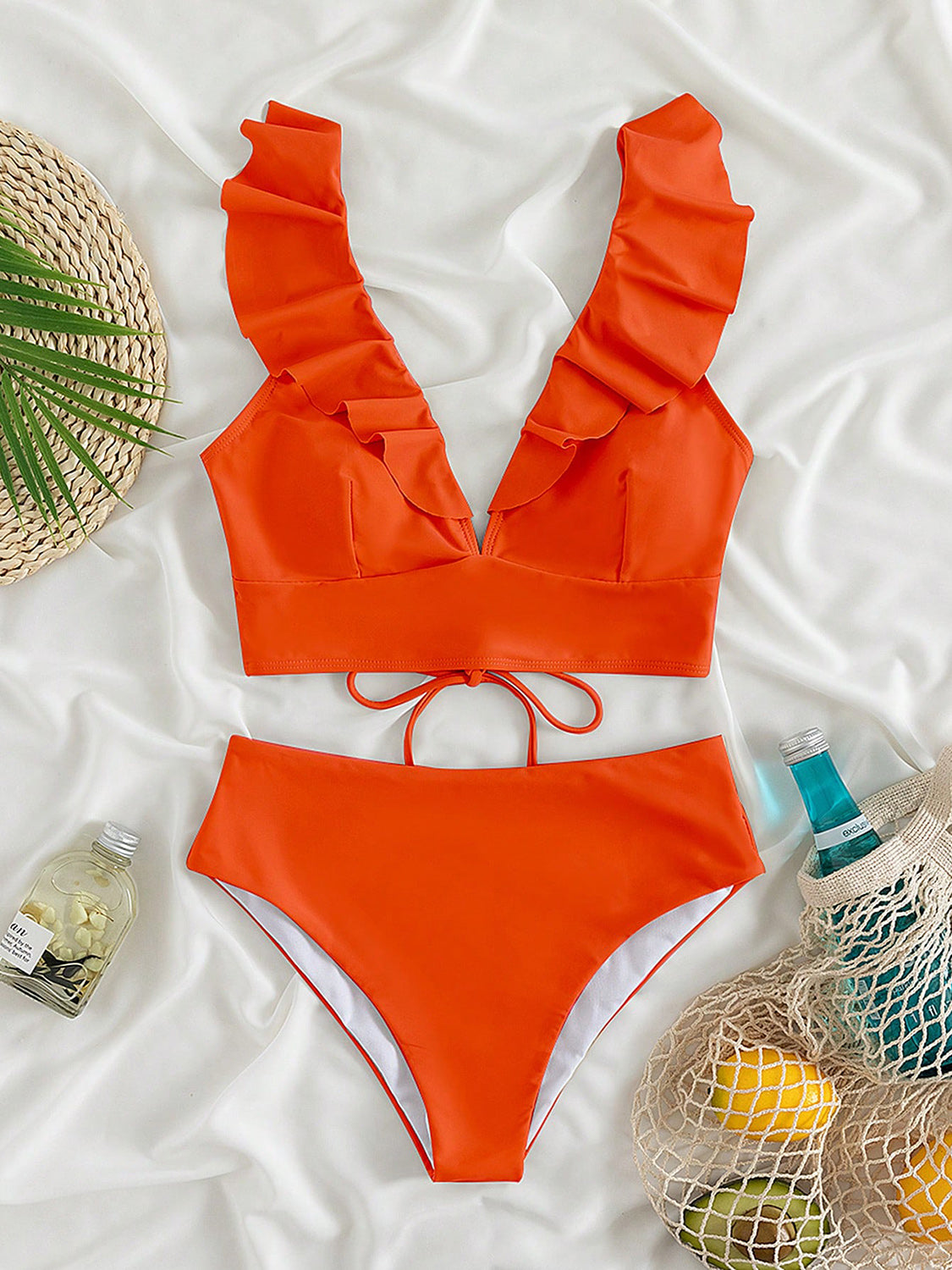 TEEK - Ruffled V-Neck Sleeveless Bikini SWIMWEAR TEEK Trend Red Orange S 