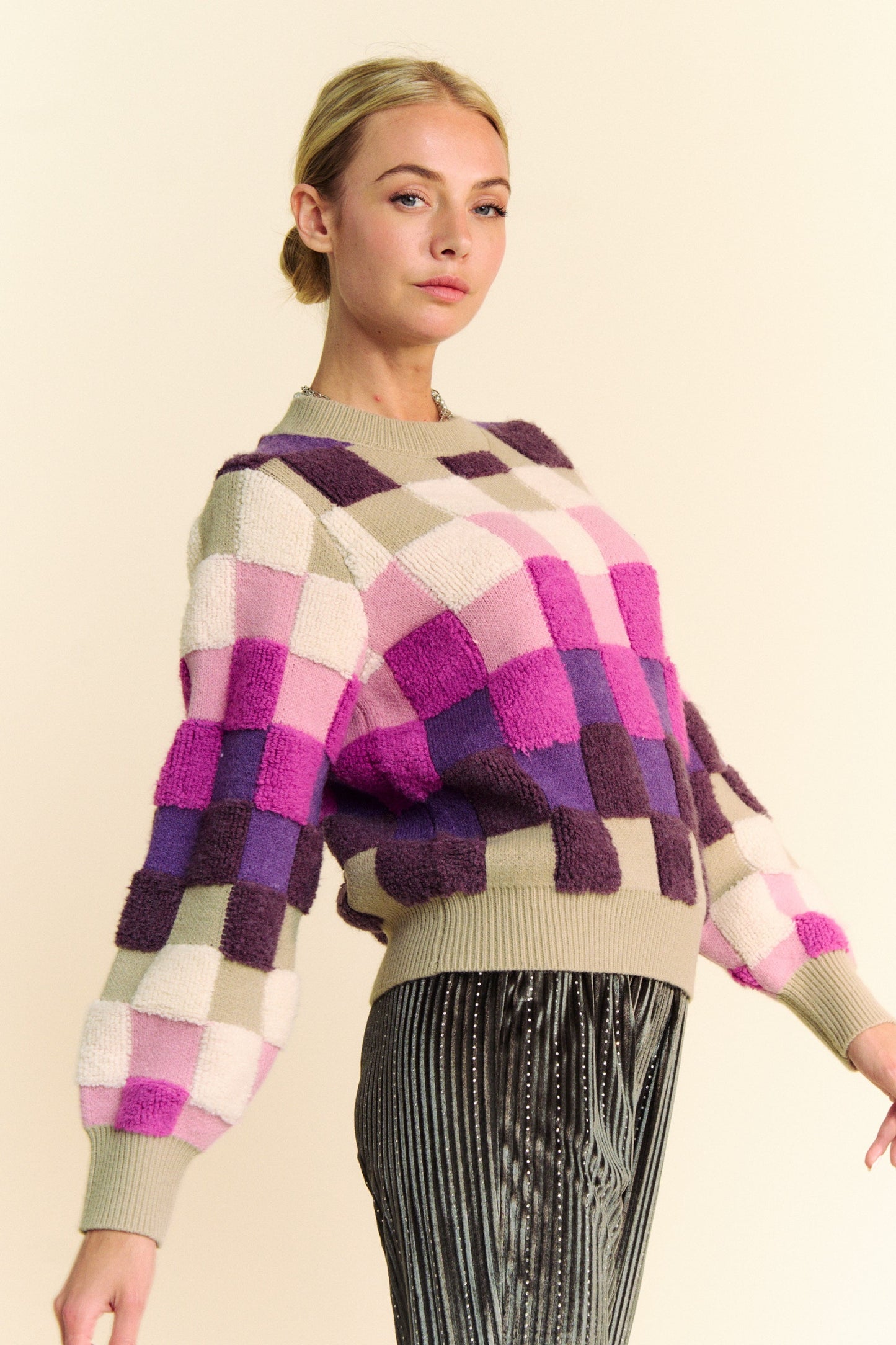 TEEK - Purple Multi Checkered Round Neck Long Sleeve Sweater TOPS TEEK Trend