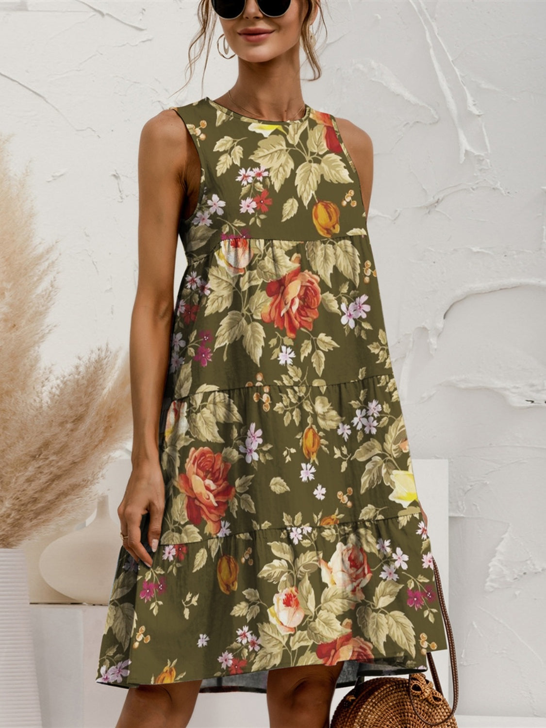 TEEK - Tiered Printed Round Neck Sleeveless Dress DRESS TEEK Trend Moss M 