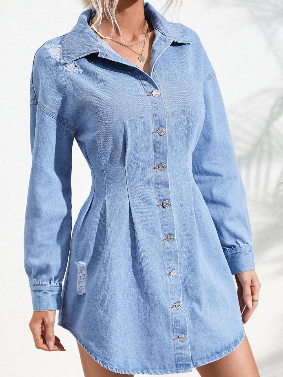 TEEK - Distressed Button Up Long Sleeve Denim Dress DRESS TEEK Trend   