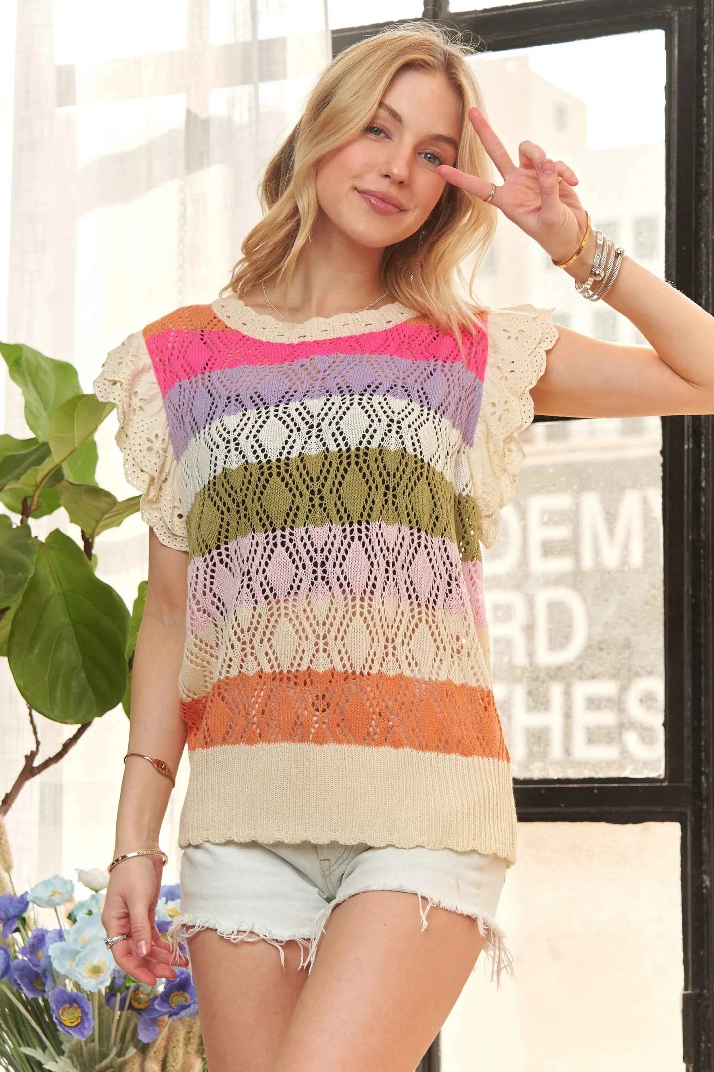 TEEK - Eyelet Sleeve Multi Color Crochet Top TOPS TEEK Trend