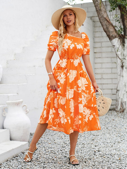 TEEK - Asymmetric Neck Short Sleeve Dress DRESS TEEK Trend Orange S 